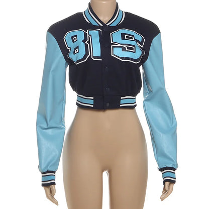 Women's Letter Print Faux Leather Crop Jacket