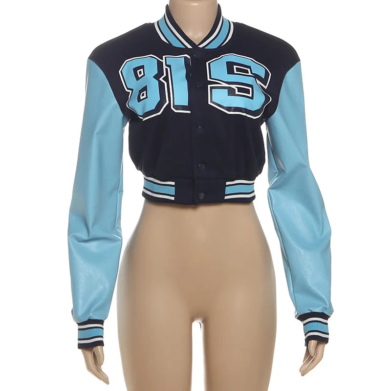 Women's Letter Print Faux Leather Crop Jacket