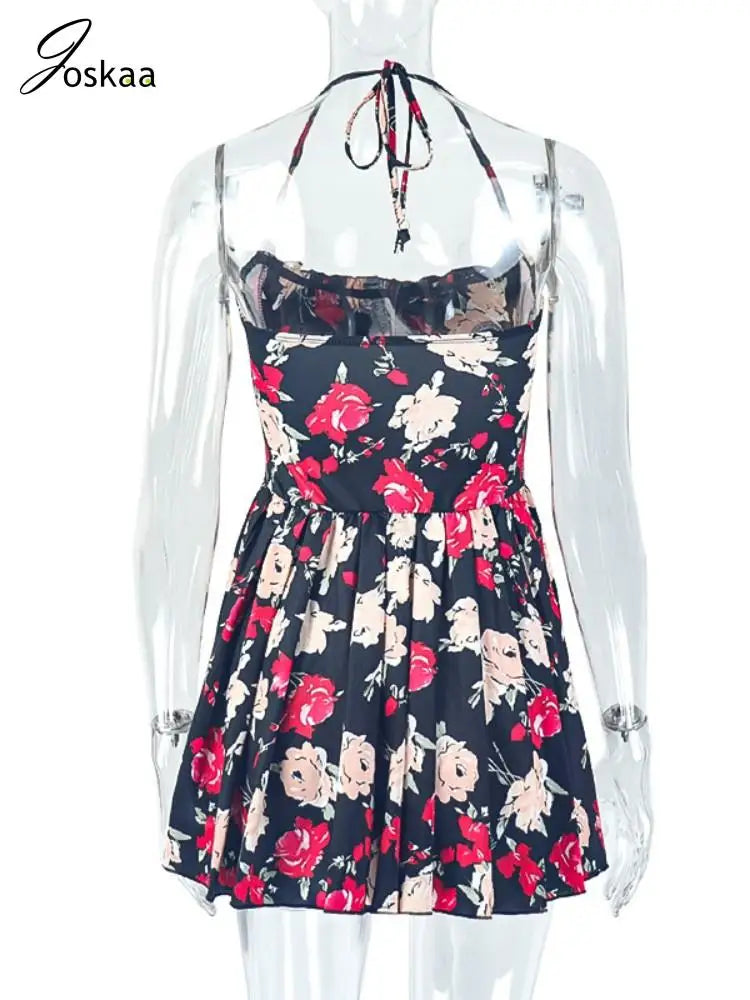 Women's Floral Print Backless Halter Mini Dress Flower Color – Detail View