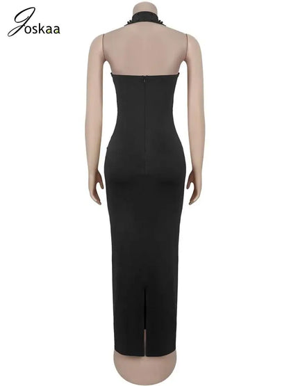 Women's Rhinestone Backless Halter Maxi Dress Black – Detail View