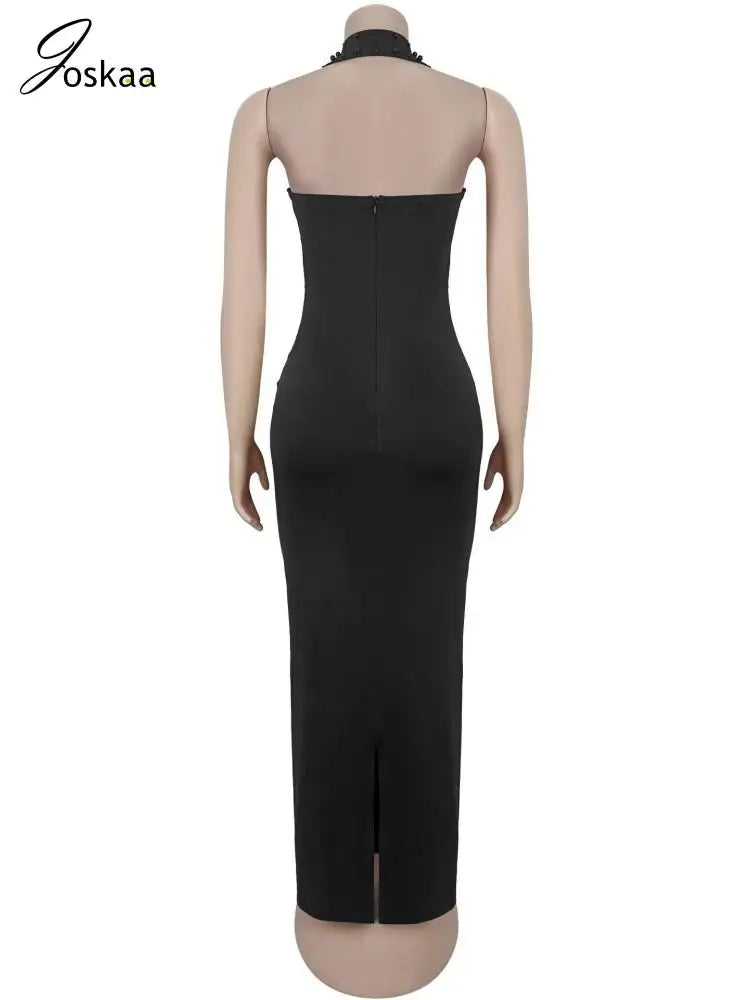 Women's Rhinestone Backless Halter Maxi Dress Black – Detail View
