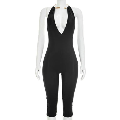 Women's Faux Leather Backless V-neck Halter Romper - Detail View 8