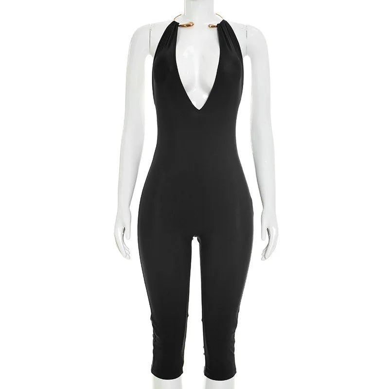 Women's Faux Leather Backless V-neck Halter Romper - Detail View 8