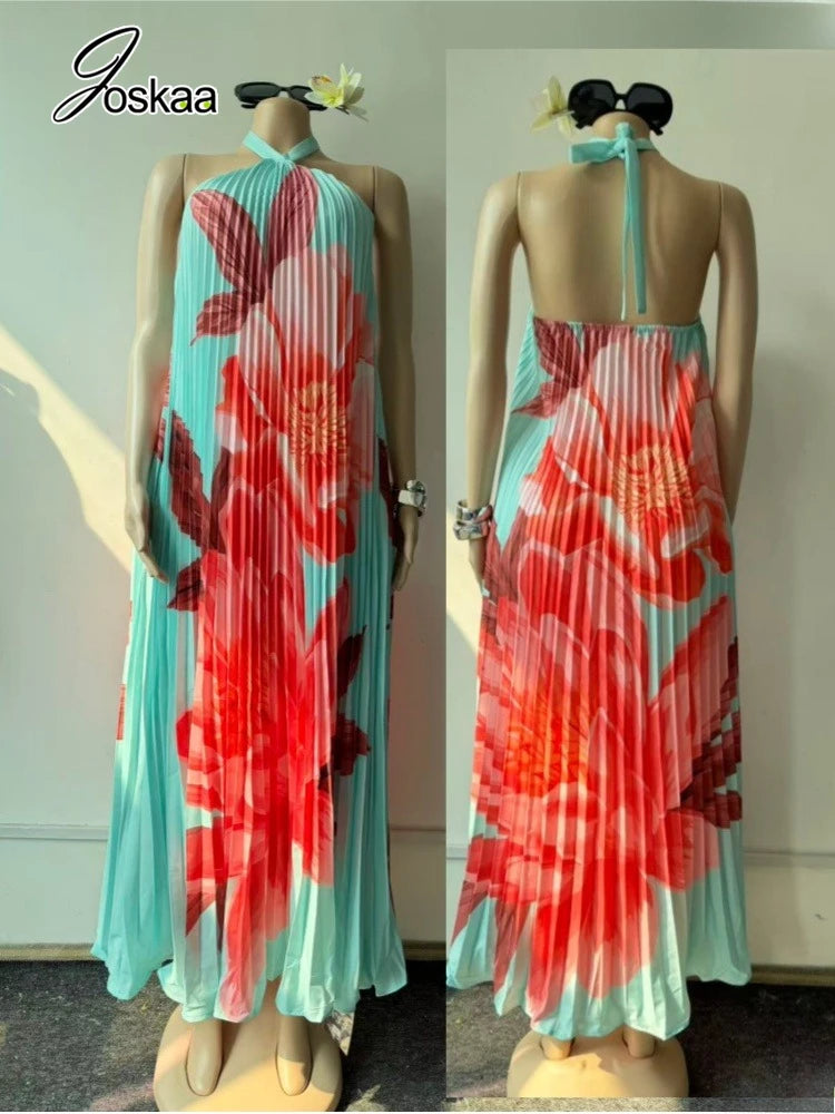 Women's Ruched Backless Halter Maxi Dress Green – Front View
