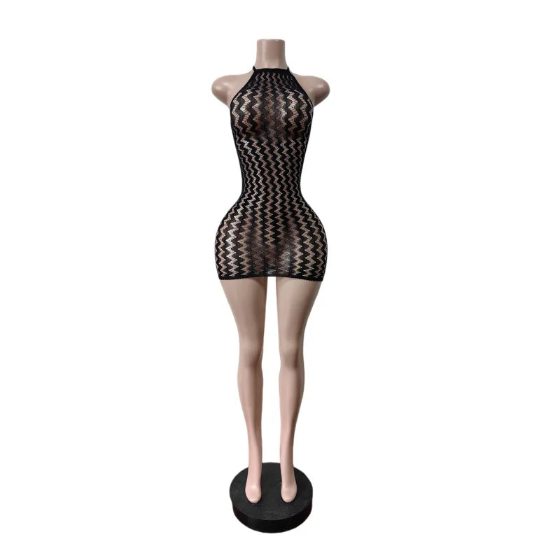 Women's Lace Mesh Backless Halter Mini Dress