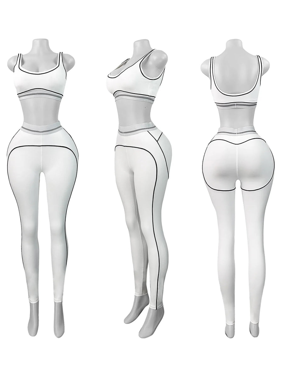 Women's Crop Color Contrast Line Two Piece Set