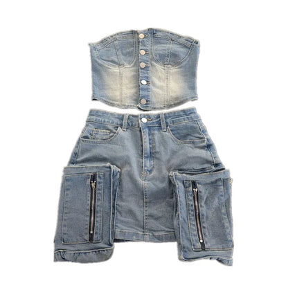 Women's Denim Strapless Mini Two Piece Set