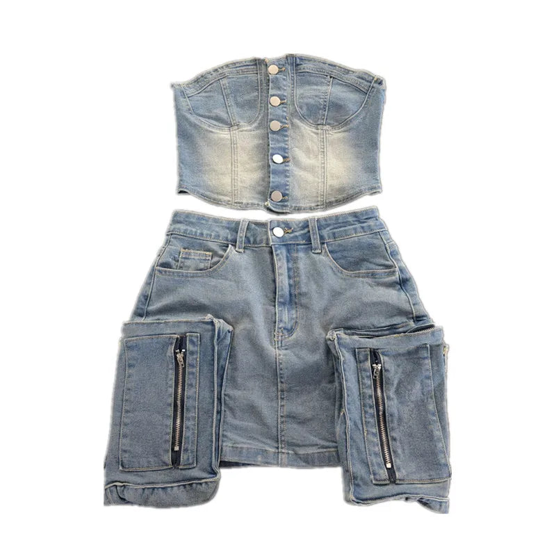 Women's Denim Strapless Mini Two Piece Set