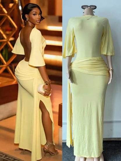 Women's Ruched Backless Bodycon Maxi Dress – Women's Fashion Wholesale – Front View