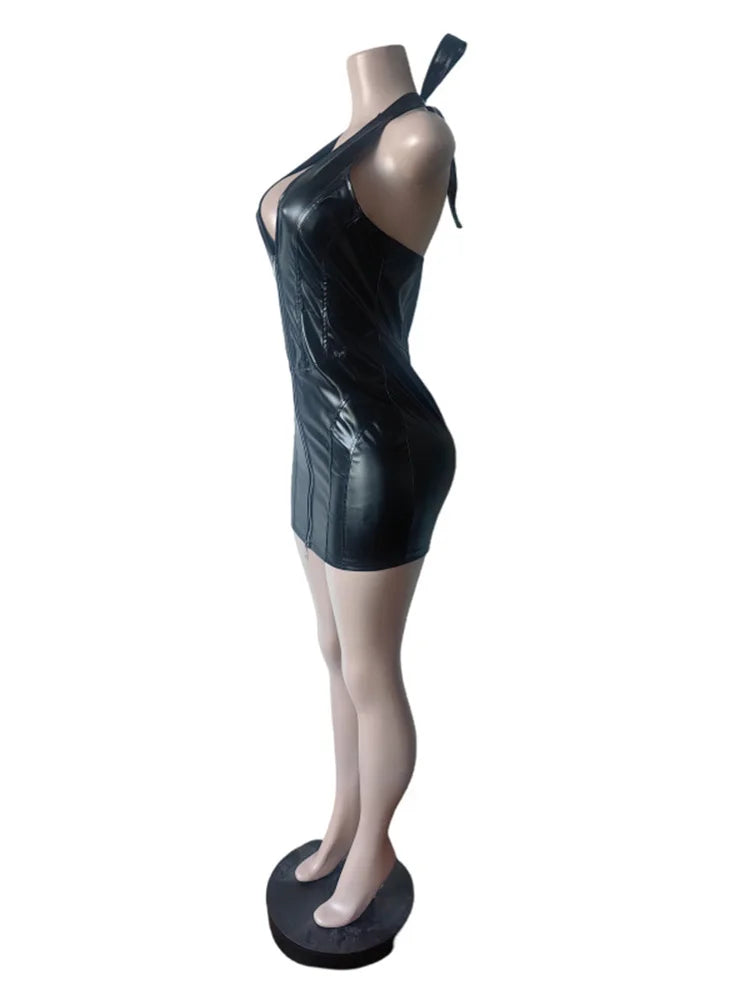 Joskaa Faux Leather Backless Halter Zip Up Mini Dress - mini dress image 3
