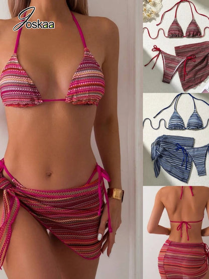 Women's Stripe Lace Halter Swimwear Striped Bikini Set – Women's Fashion Wholesale – Front View