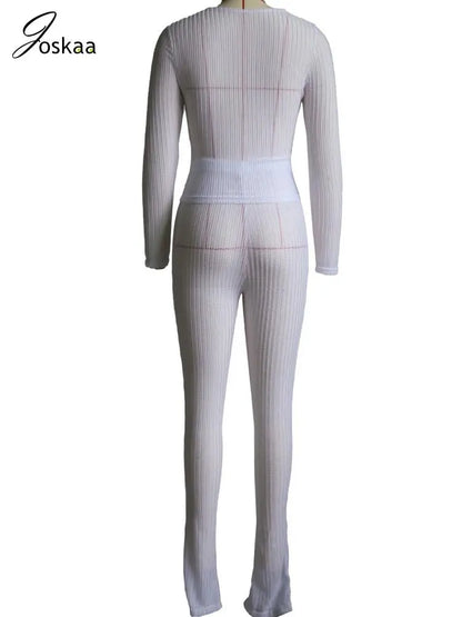 Women's Mesh Long Sleeve High Waist Two Piece Set White – Detail View