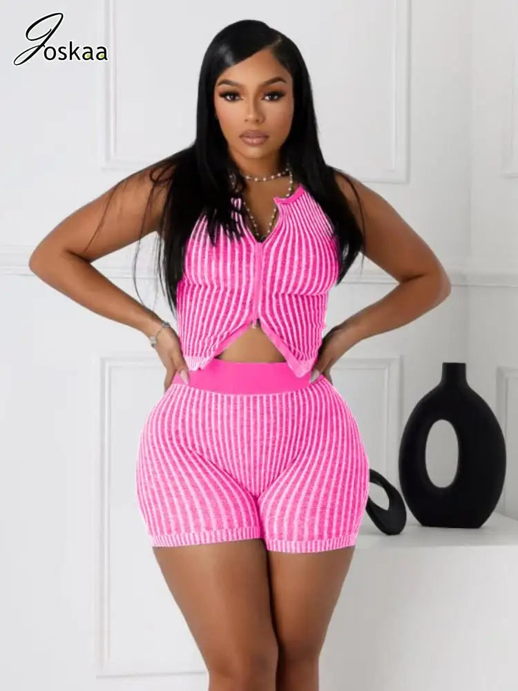 Women's Stripe Knit Crop Ribbed Zip Two Bikini Set – Women's Fashion Wholesale – Front View
