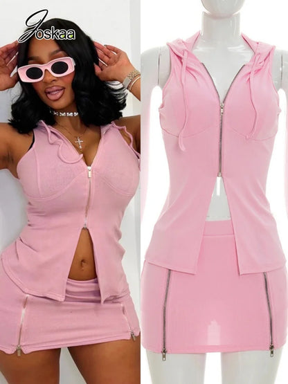 Women's Sleeveless Mini Zip Hooded Two Piece Set – Women's Fashion Wholesale – Front View