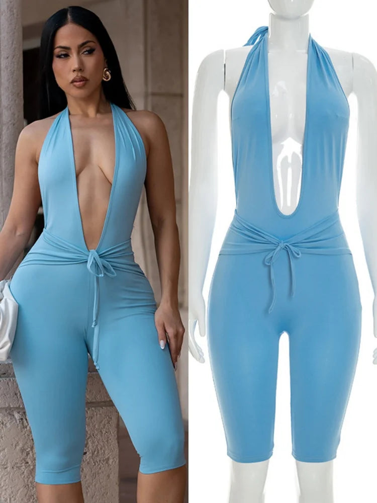 Women's Ruched Backless Halter Sleeveless Romper – Women's Fashion Wholesale – Front View