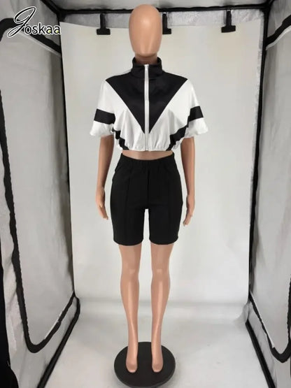 Women's Short Sleeve Crop Zip Two Piece Set Khaki – Detail View