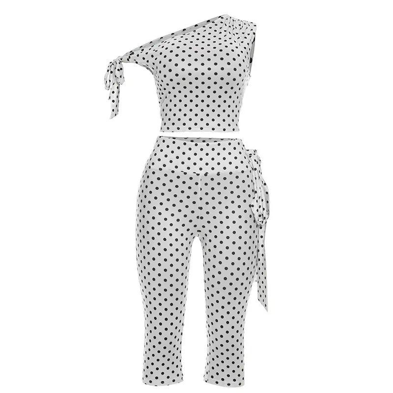 Women's Polka Dot One Shoulder High Waist Two Piece Set - Model Wearing Style