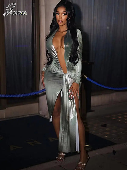 Women's Long Sleeve Bronzing Deep V-neck Bodycon Dress Sage Green – Front View