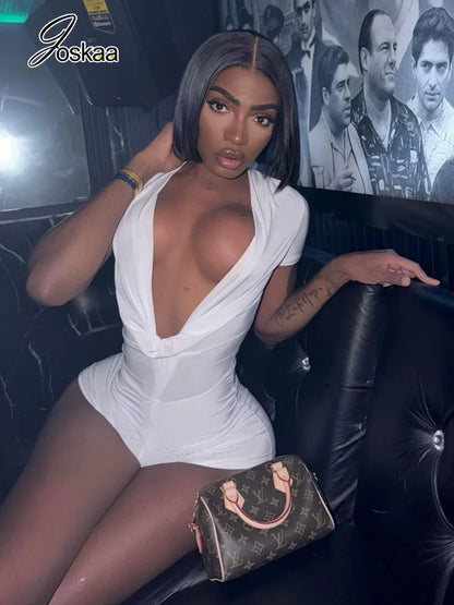 Women's Short Sleeve Bodycon Solid Rompers Slim Romper White – Front View