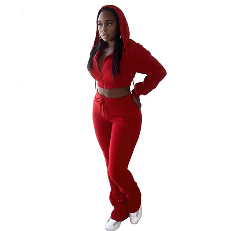 Wholesale Women's Crop Zip Hooded Two Piece Set