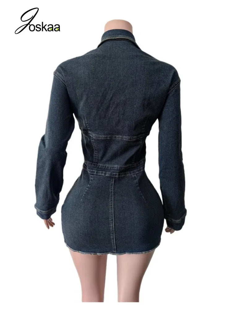 Women's Denim Print V-neck Zip Up Long Sleeve Mini Dress - Model Wearing Style