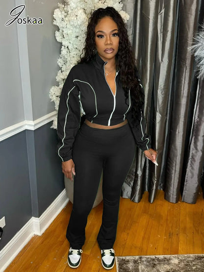 Women's Long Sleeve Flare Zip Two Piece Set Green – Front View