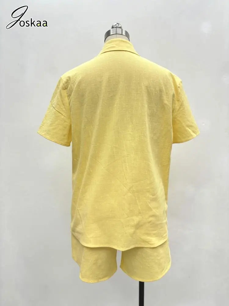 Women's Short Sleeve Yellow Lapel Button Two Piece Set Yellow – Detail View