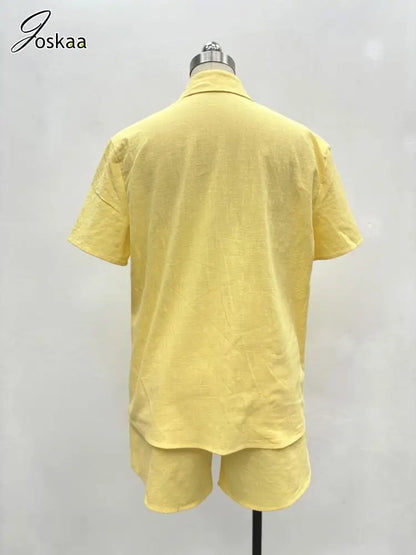 Women's Short Sleeve Yellow Lapel Button Two Piece Set Yellow – Detail View