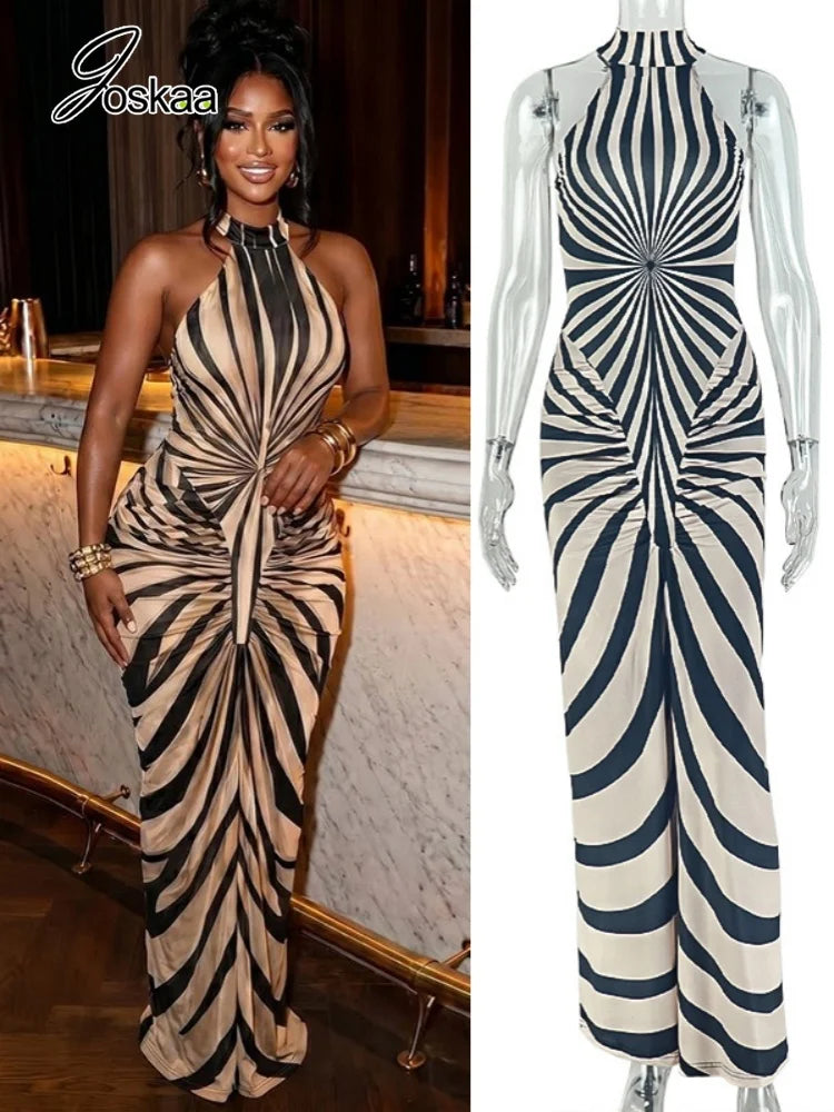 Women's Striped Ruched Sleeveless Bodycon Maxi Dress - Women's Fashion Wholesale - Front View