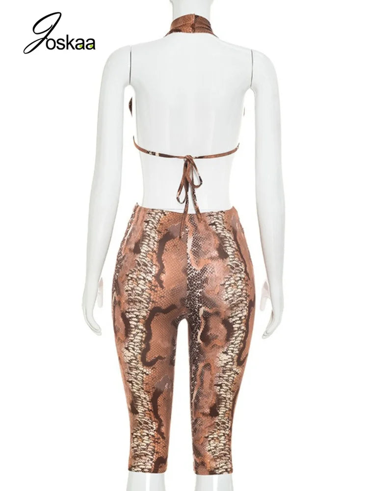 Women's Snake Print V-neck Halter Sleeveless Romper - Detail View