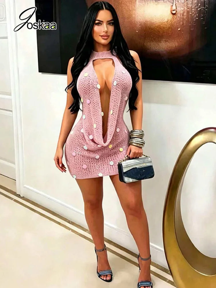 Women's Sequin Knit Backless Halter Mini Dress Pink – Side View