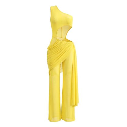 Women's Mesh Ruched Cutout One Shoulder Romper - Detail View 6