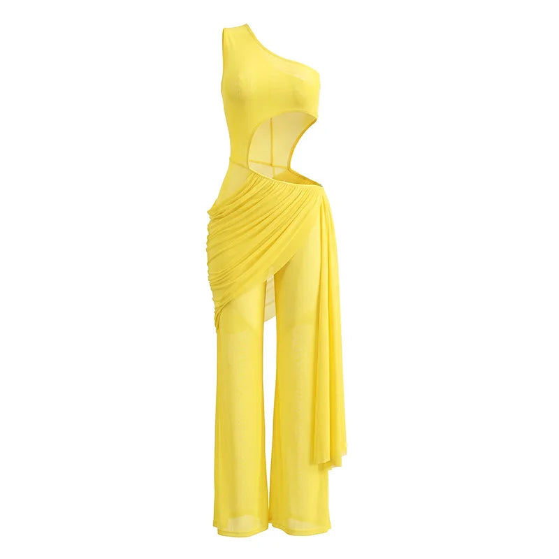 Women's Mesh Ruched Cutout One Shoulder Romper - Detail View 6