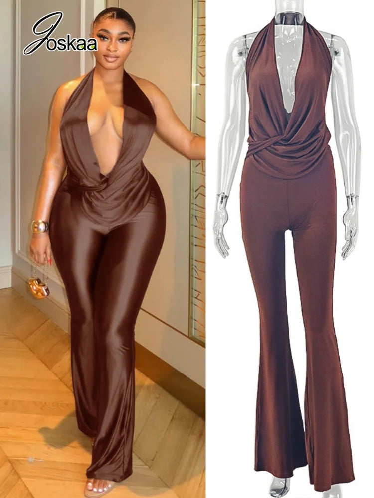 Women's Ruched Backless V-neck Halter Romper 2909 - Women's Fashion Wholesale - Front View