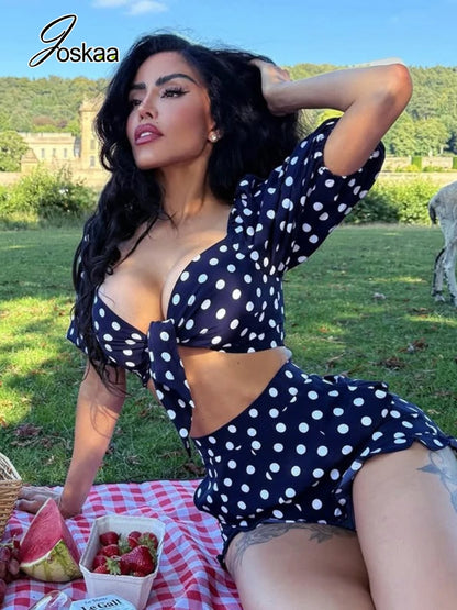 Women's Polka Dot Short Sleeve Crop Two Piece Set White – Side View