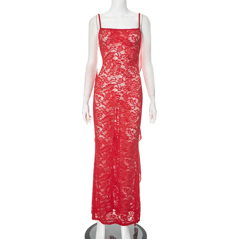 Women's Lace Backless Ribbons Evening Spaghetti Bodycon Dress