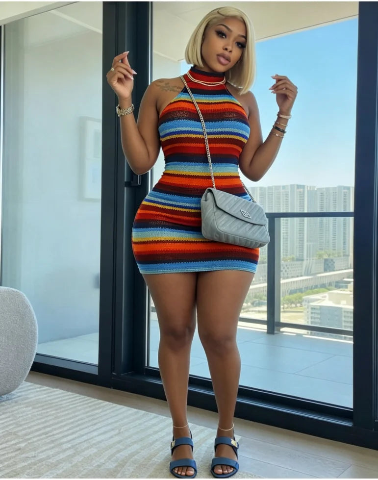 Women's Striped Ribbed Knit Halter Sleeveless Mini Dress - Side View