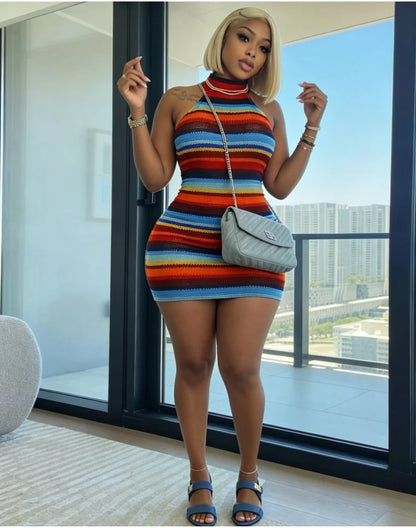 Women's Striped Ribbed Knit Halter Sleeveless Mini Dress - Side View