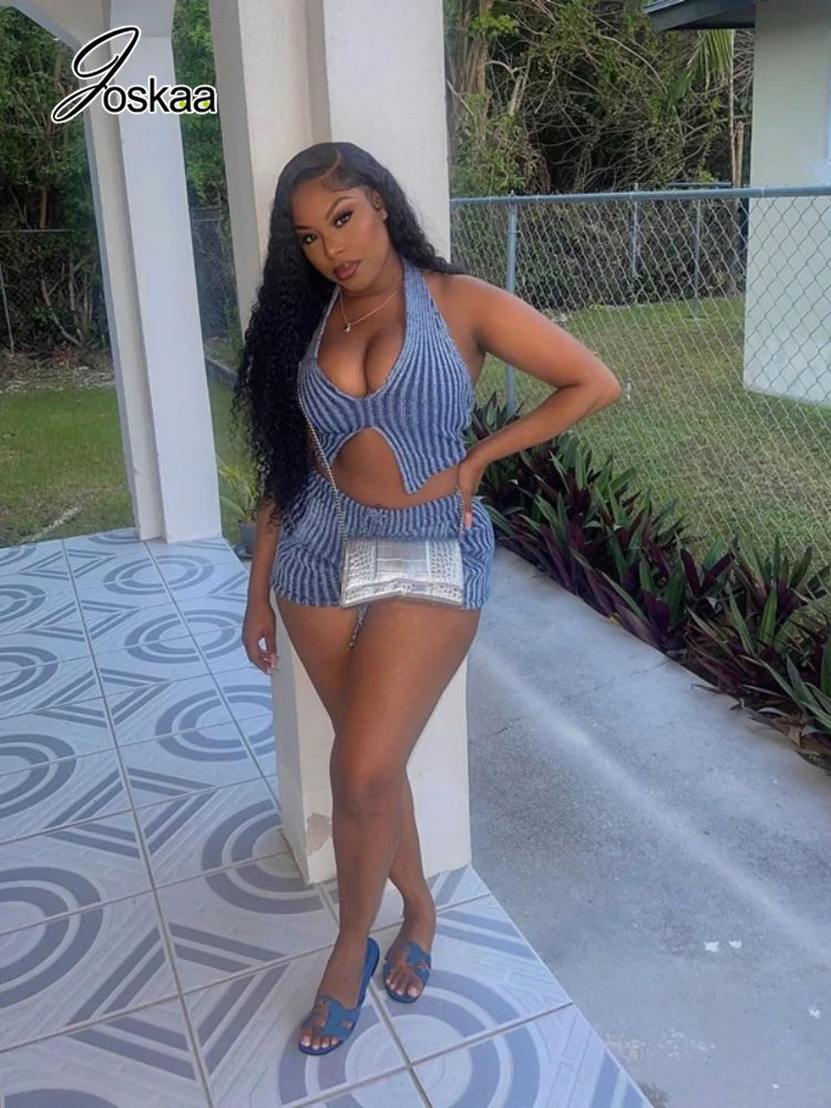 Women's Striped Ribbed Knit Backless Halter Two Piece Set - Back View