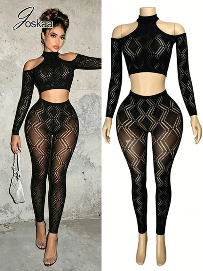 Women's Cutout Long Sleeve Crop Two Piece Set Black – Front View