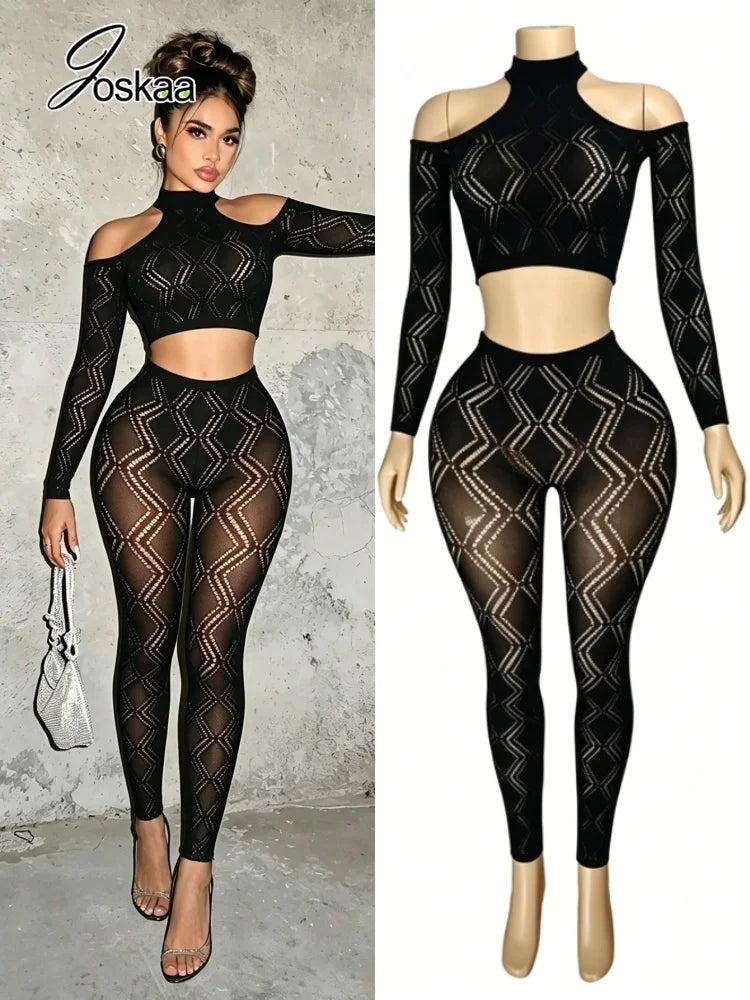 Women's Cutout Long Sleeve Crop Two Piece Set Black – Front View