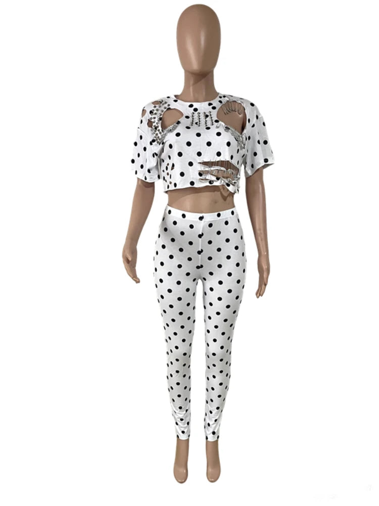Women's Short Sleeve Polka Dot Cutout Two Piece Set - Detail View 9