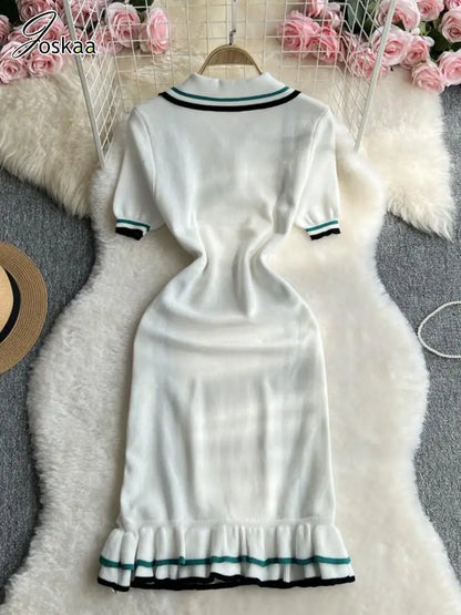 Women's Stripe Knit Short Sleeve Bodycon Dress White – Detail View