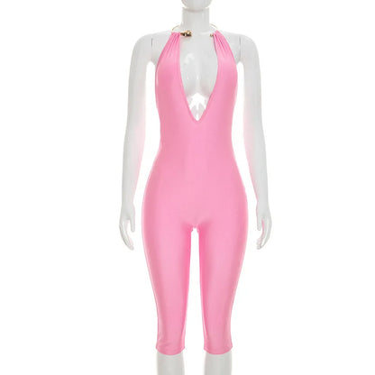 Women's Faux Leather Backless V-neck Halter Romper - Detail View 9