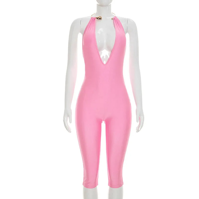 Women's Faux Leather Backless V-neck Halter Romper - Detail View 9