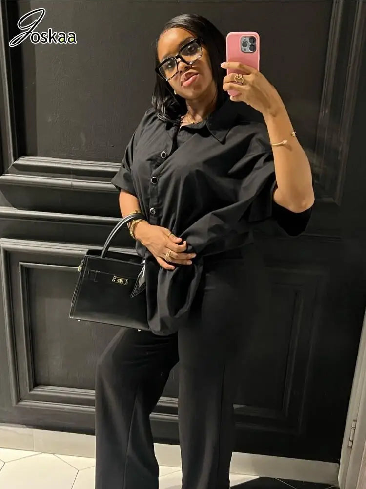 Women's Short Sleeve Flare Two Piece Set Black – Side View