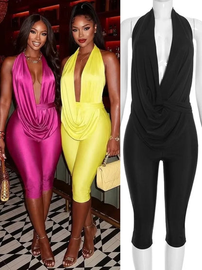 Women's V-neck Halter Sleeveless Bodycon Romper 7821 - Women's Fashion Wholesale - Front View