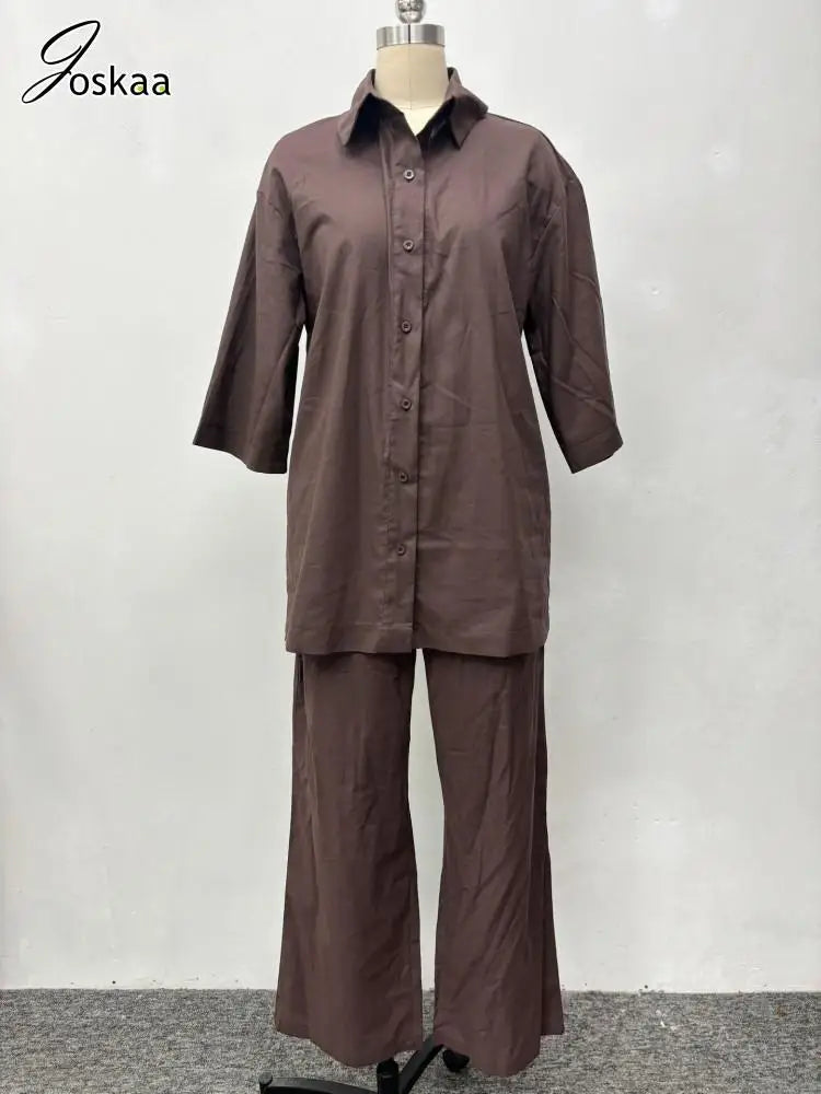 Women's Flare Wide Leg Lapel Two Piece Set Brown – Detail View