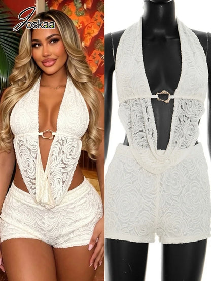 Women's Lace Backless Halter Two Piece Set – Women's Fashion Wholesale – Front View