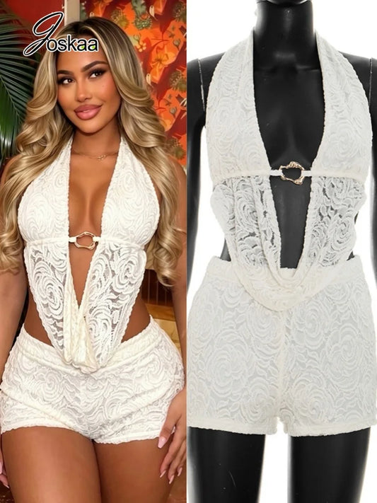 Women's Lace Backless Halter Two Piece Set – Women's Fashion Wholesale – Front View